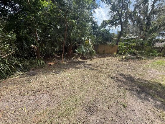 After: the yard cleared open to the fence, with track marks in the dirt and the trees left standing.